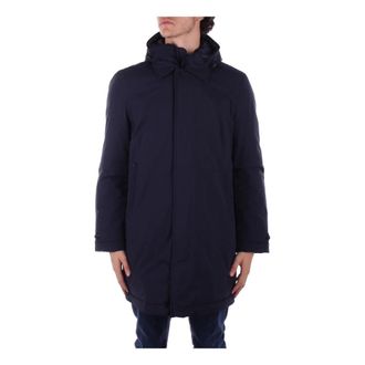 Woolrich Blauwe jas met capuchon en knopen - Heren - Parka Jassen - Blauw - S - Polyester - Jassen