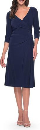 La Femme Chic Tea Length Jersey Dress with Ruching in Navy at Nordstrom, Size 10