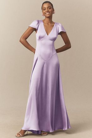BHLDN Sammie Short-Sleeve Bow-Back Satin Maxi Dress