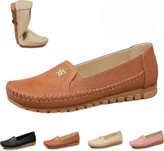 Generic Stylish Orthopedic Leather Shoes, All-Day Comfort for Women, Lightweight, Anti-Slip, Breathable Flat-Soled Shoes with Flower (Camel,4.5)