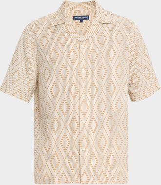 Frescobol Carioca Mens Roberto Linen Angra Raffia-Print Camp Shirt