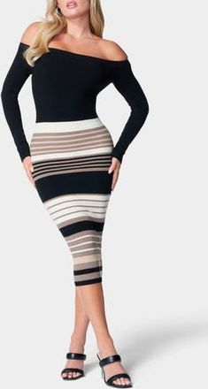 Bebe Off the Shoulder Long Sleeve Sweater Dress in Black/Tan at Nordstrom Rack, Size X-Small