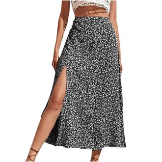 Generic Mrat Skirt for Women UK Sexy Boho Floral Midi Skirts Side Slit Mid Elastic Waist Skirts Swing Casual A-line Skirt Ladies Elegant Summer Beach Slim Fit