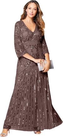 Roaman's Plus Size Beaded V-Neck 3/4 Sleeve Sleeve Maxi Gown in Deep Taupe at Nordstrom, Size 42