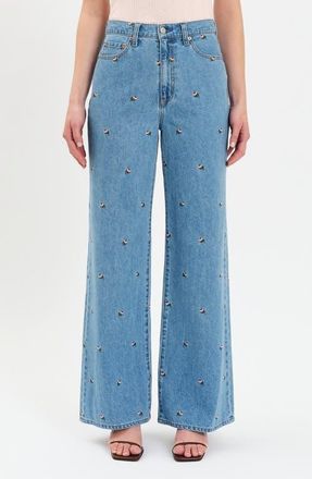 Daze Farout Floral Embroidered Wide Leg Jeans in Fated at Nordstrom, Size 25