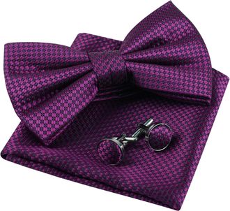 Alizeal Mens Solid Color Pre-tied Bow Tie, Pocket Square and Cufflinks Business Wedding Formal Tie Set, Magenta