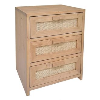 NATYAL Mesita de noche de madera y rafia natural 3 cajones tonos claros 40cm