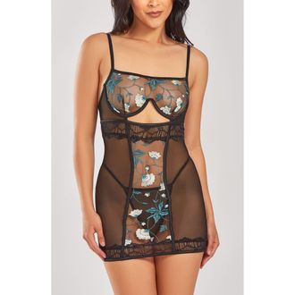iCollection Embroidered Mesh Peekaboo Chemise Set in Teal-Black at Nordstrom, Size X-Large