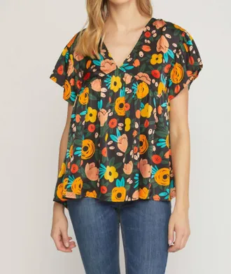 Entro Floral Babydoll Flutter Sleeve Top In Black