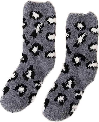 Generic Women Autumn Winter Casual Warm Thick Leopard Print Coral Fleece Home Floor for Indoor Lounging(Grey, One Size)