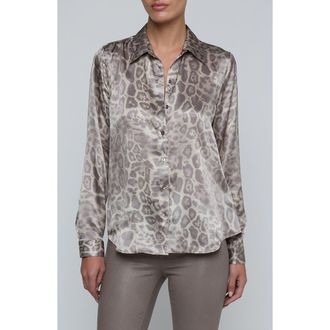 L'agence Tyler Leopard Print Silk Button-Up Shirt in Grey Multi Patch Leopard at Nordstrom, Size X-Large