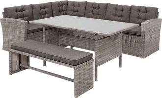 Beliani Conjunto de comedor de jardín de ratán sintético gris con cojines sofá banco mesa rectangular con tablero de vidrio 80x145 cm Viterbo