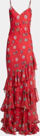 Etro Nautical-Print Silk Chiffon Tiered Ruffle Maxi Slip Dress