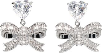 Self Portrait Silver Crystal Heart Bow Drop Earrings