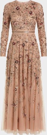 Mac Duggal Floral-Embellished Mesh A-Line Gown