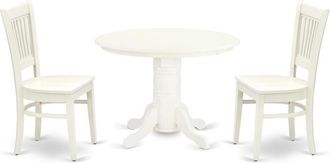 East West Furniture SHVA3-LWH-W - 3-Pc Dining Room Set- 2 Wooden Dining Chairs and Round Dining Room Table - Wooden Seat and Slatted Chair Back - Linen White Finish