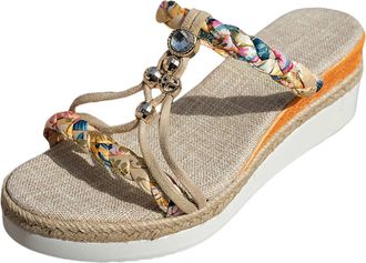 Generic Womens Espadrille Wedge Slides Bohemia Summer Vintage Beach With Flower Glitzy Jewels Outdoor Walking Slides Casual Summer Shoes