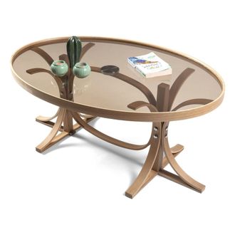 Dmora Mesa De Centro Sommo, Cristal Templado, Forma Ovalada, Estructura De Vidrio, 112x78x47 Cm, Roble Marr&oacute;n
