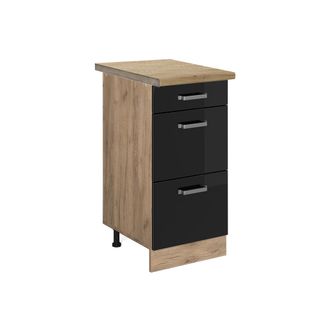 Vicco Mueble Bajo De Cocina R-line, Negro Brillo Intenso, 40 Cm Con Cajones, Et Roble Vicco