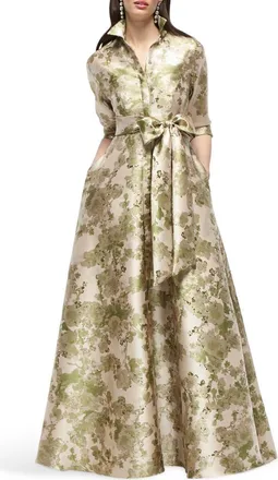 After Six Sabine Metallic Floral Shirtdress Gown in Peridot Blush at Nordstrom, Size Xx-Large