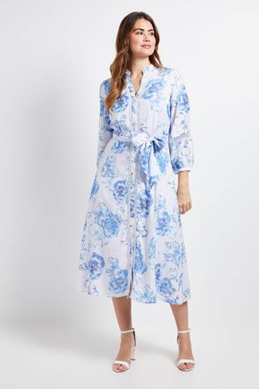 Wallis Womens Floral Lace Insert Collarless Shirt Dress - Blue viscose - Size 20 UK