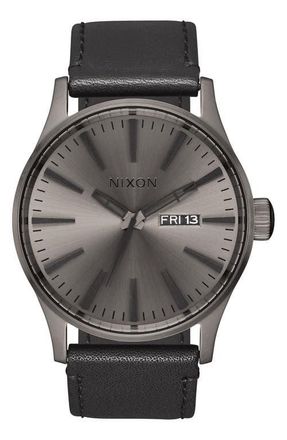 Nixon The Sentry Leather Strap Watch, 42mm in Black/gunmetal at Nordstrom