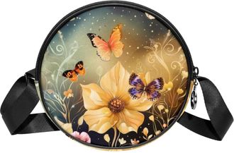 Generic Circle Crossbody Bag for Women, Flowers Butterflies Small Sling Bag Daypack with Zipper Adjustable Shoulder Straps Casual Ladies Girls Round Purse