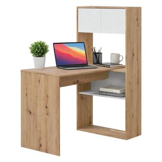 Dmora Escritorio Riverside, Escritorio Esquinero Reversible Con Librer&iacute;a, Mesa De Estudio U Oficina Multiposici&oacute;n, Cm 108x70h140, Nudos Blancos Y Roble, Con