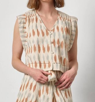 Lilla P Shirred Shoulder Top In Carob Ikat
