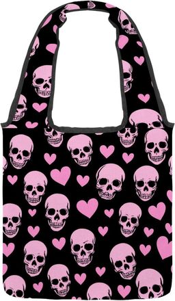 Generic Cute Skulls and Pink Hearts Black Background Canvas Tote Bag for Women, Medium Reusable Grocery Totes Washable and Eco-friendly