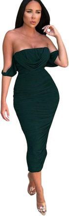 Femme Luxe Bardot Cowl Neck Ruched Midi Dress-Malia - Emerald - 14