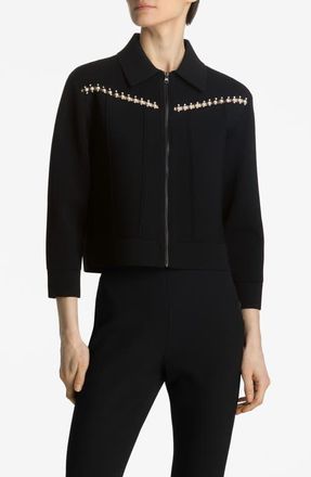 St. John Embellished Zip Front Milano Knit Jacket in Black at Nordstrom, Size Medium