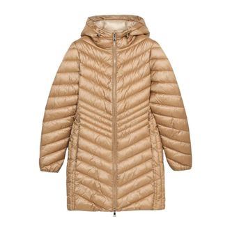 Oltre Jassen, Dames, Beige, S, Polyester, Lichtgewicht midi donsjas met capuchon