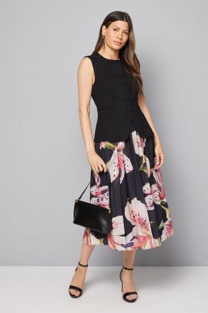 Wallis Womens Ponte Embellished Button Pleated Midi Dress - Black Viscose - Size 18 UK