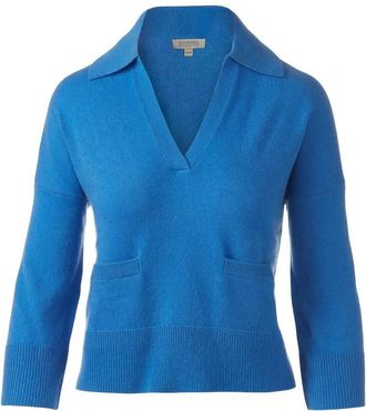 Kinross Cashmere Womens 3/4 Sleeve Split Neck Polo Top In Royal