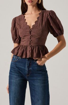 ASTR the Label Arely Embroidered Cotton Button-Up Top in Brown at Nordstrom, Size Medium