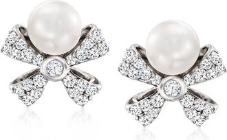 Ross-Simons 5mm Cultured Pearl and. Diamond Bow Earrings in Sterling Silver