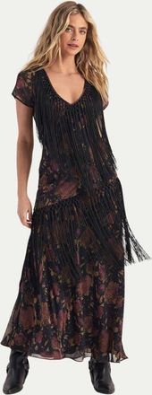 NASTY GAL Floral Chiffon Fringe Maxi Dress in Black at Nordstrom, Size 10