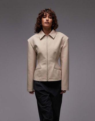 Asos Giacca sartoriale sagomata stretta in vita color cammello con zip-Neutro