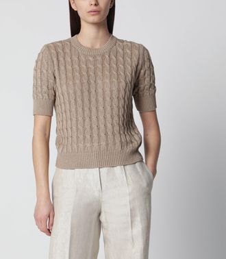 Max Mara Maglia girocollo a trecce in lino color Deserto