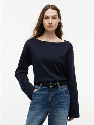 Tommy Hilfiger Womens Cotton Interlock Boatneck T-Shirt - Navy Blue - L