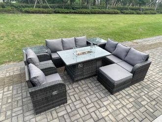 Fimous Wicker Rattan Garden Furniture Set Gas Fire Pit Dining Table Indoor Outdoor with 2 Side Tables Chair Loveseat Sofa Big Footstool in Dark Grey
