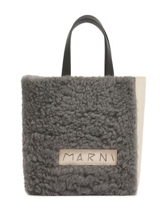 Marni shearling grained leather tote bag - women - Lamb Fur/Lamb Shearling/Grained Leather - One Size - Grey