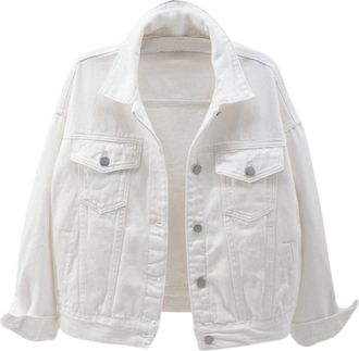 Generic Womens Solid Color Denim Jacket - Long Sleeve, Lapel Collar, Button Cropped, Casual Classic Vintage Wash Top With Pocket - Streetwear Y2K AestheticUK