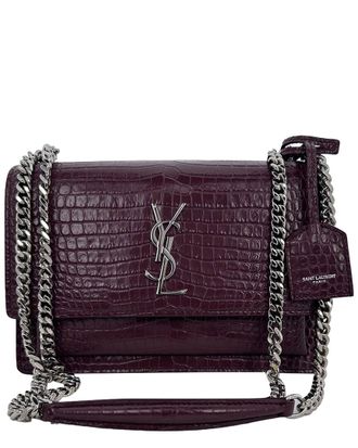 Saint Laurent Burgundy Croc-Embossed Leather Medium Sunset Shoulder Bag (Authentic Pre-Loved)