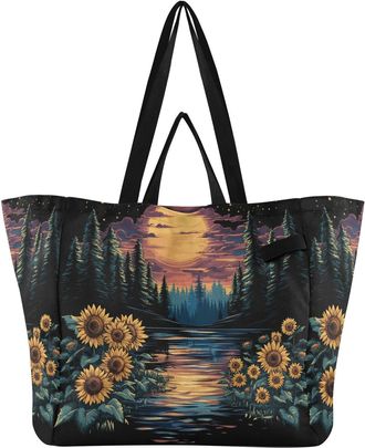 Generic Lake Flowers Yellow print Reusable Canvas Tote Bag, Heavy Duty Grocery Shopping Bag with Large Capacity Double Handles Hard Bottom Work Groceries Trav