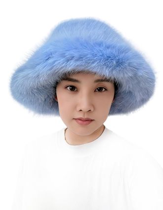 Lina & Lily Oversized Winter Faux Fur Bucket Hat for Women - Long Pile Fur Wide Moldable Brim (Light Blue)