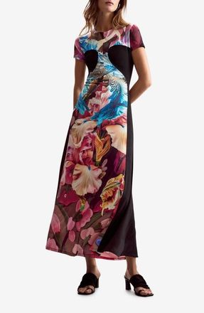 Desigual Print Short Sleeve Maxi Dress in Navy Blue at Nordstrom, Size X-Small