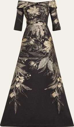 Teri Jon Metallic Jacquard Fold Off-the-Shoulder Gown