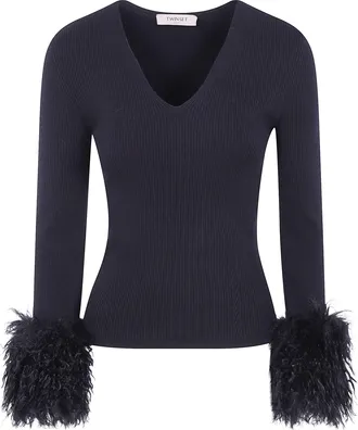 Twin-Set Sweater V-Neck Fur Cuffs